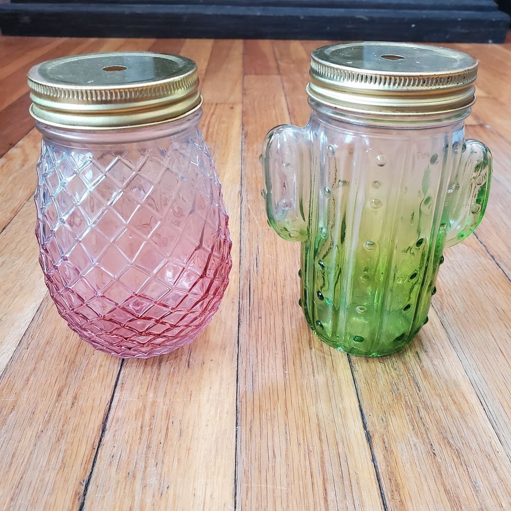 Pink Pineapple and Green Cactus Glass Jars Drinkware Glasses